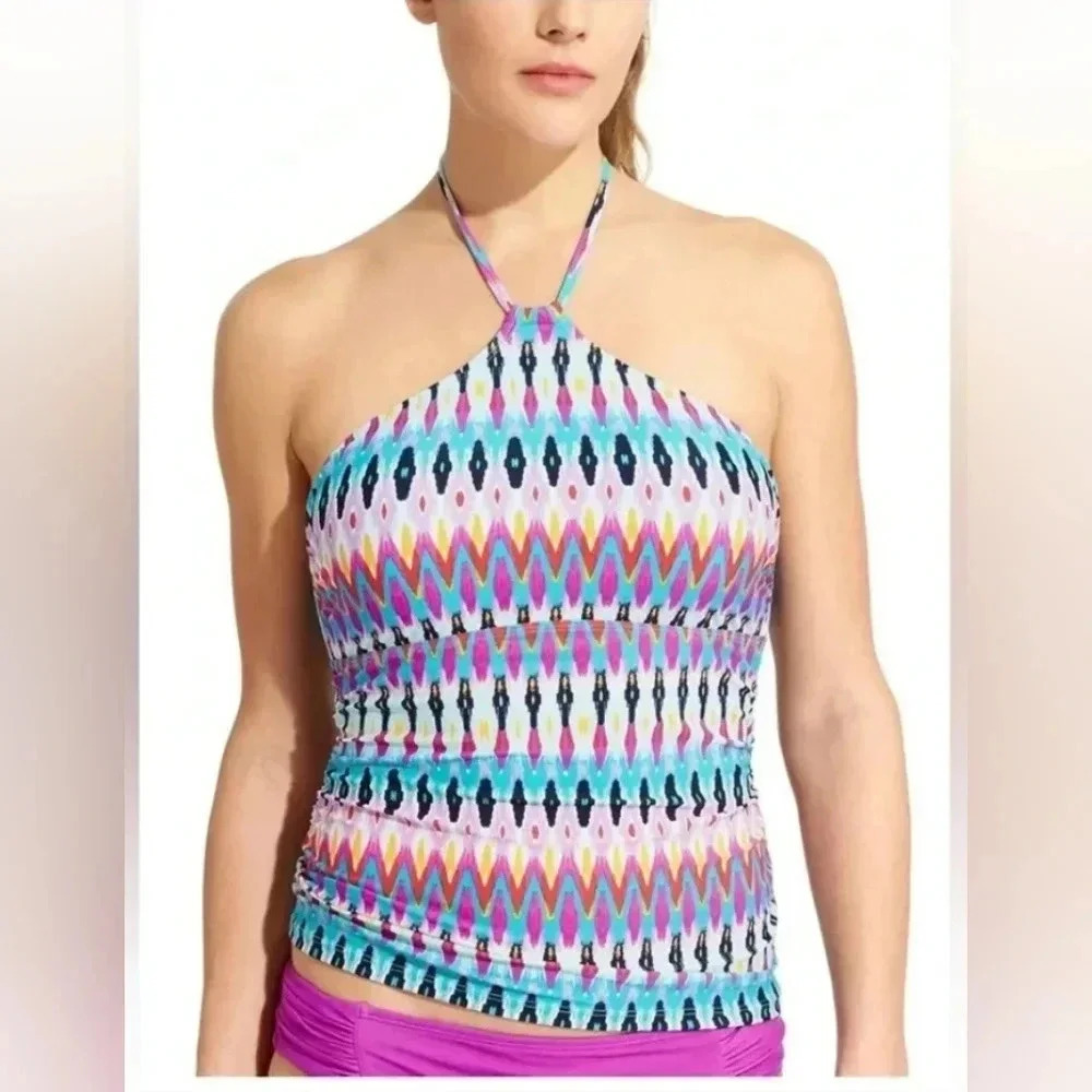 Athleta Medium Boscabell Rainbow Ikat Tankini Swim Top Colorful Print Halter Tie